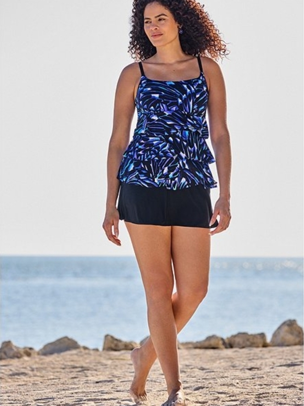 St Johns's Bay Blue & Black Printed Tankini Swim Top with Black Swim Sz 10